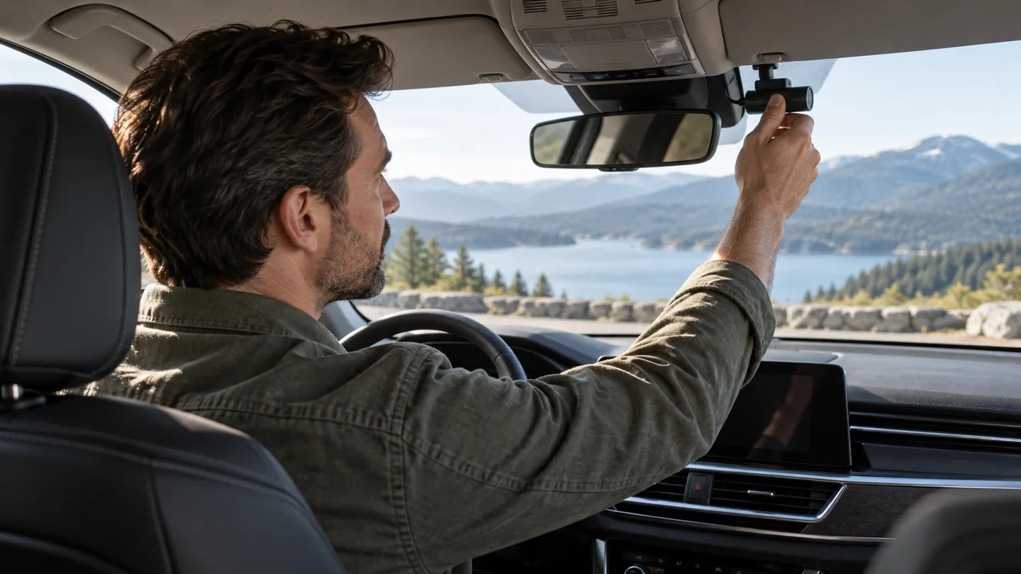 Driver checking a discreet dash camera mounted near the rear-view mirror before a trip