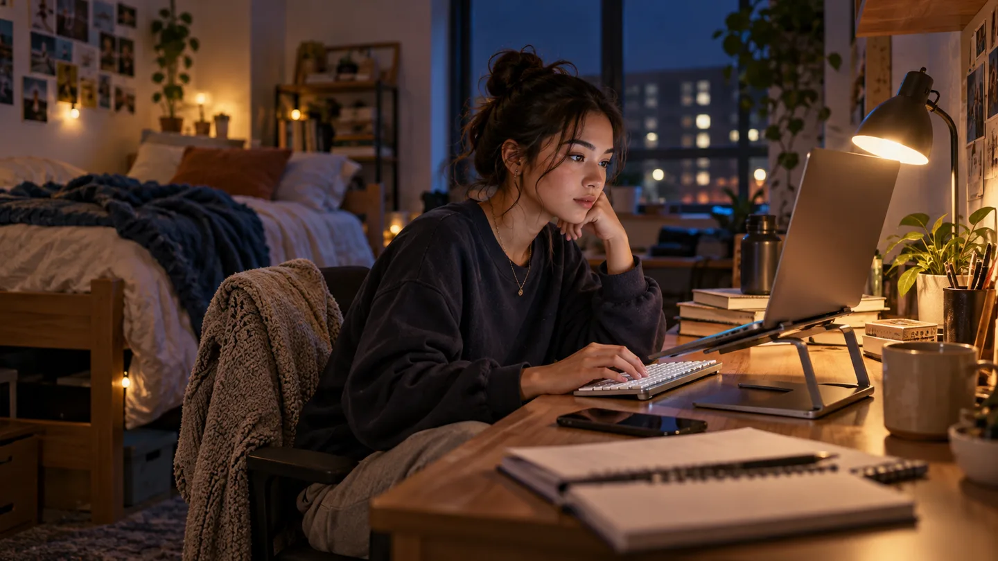 College student studying at a compact dorm desk with a laptop stand and keyboard