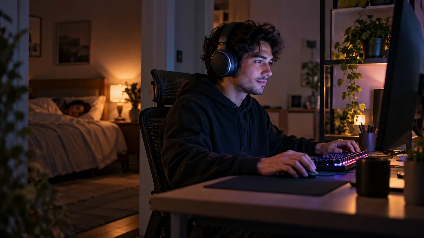 Gamer using an over-ear headset at a compact desk late at night