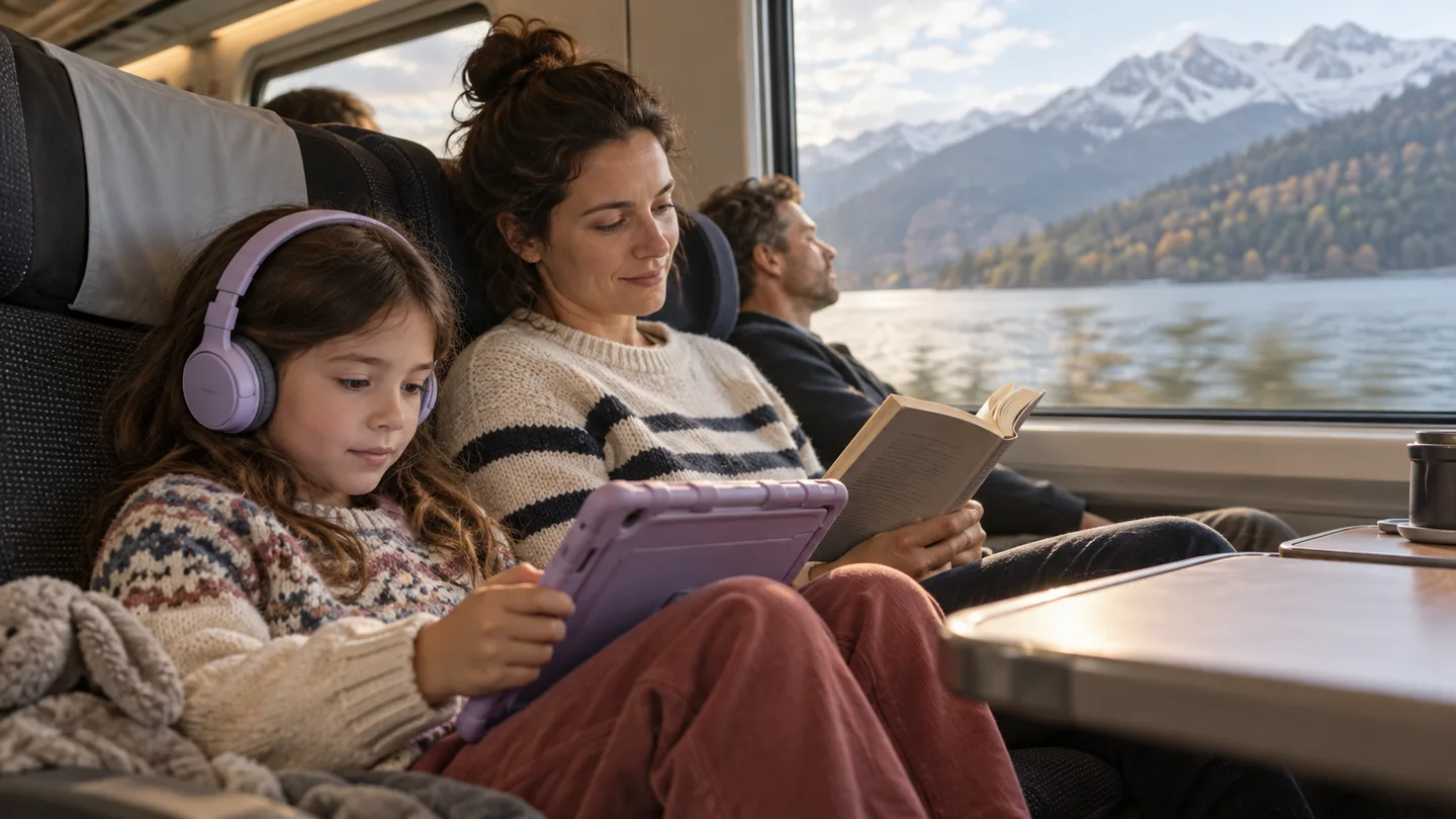 Child using a tablet with headphones on a train while a parent reads nearby