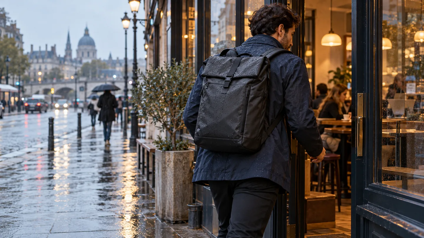City commuter carrying a laptop backpack on a rainy street while entering a cafe