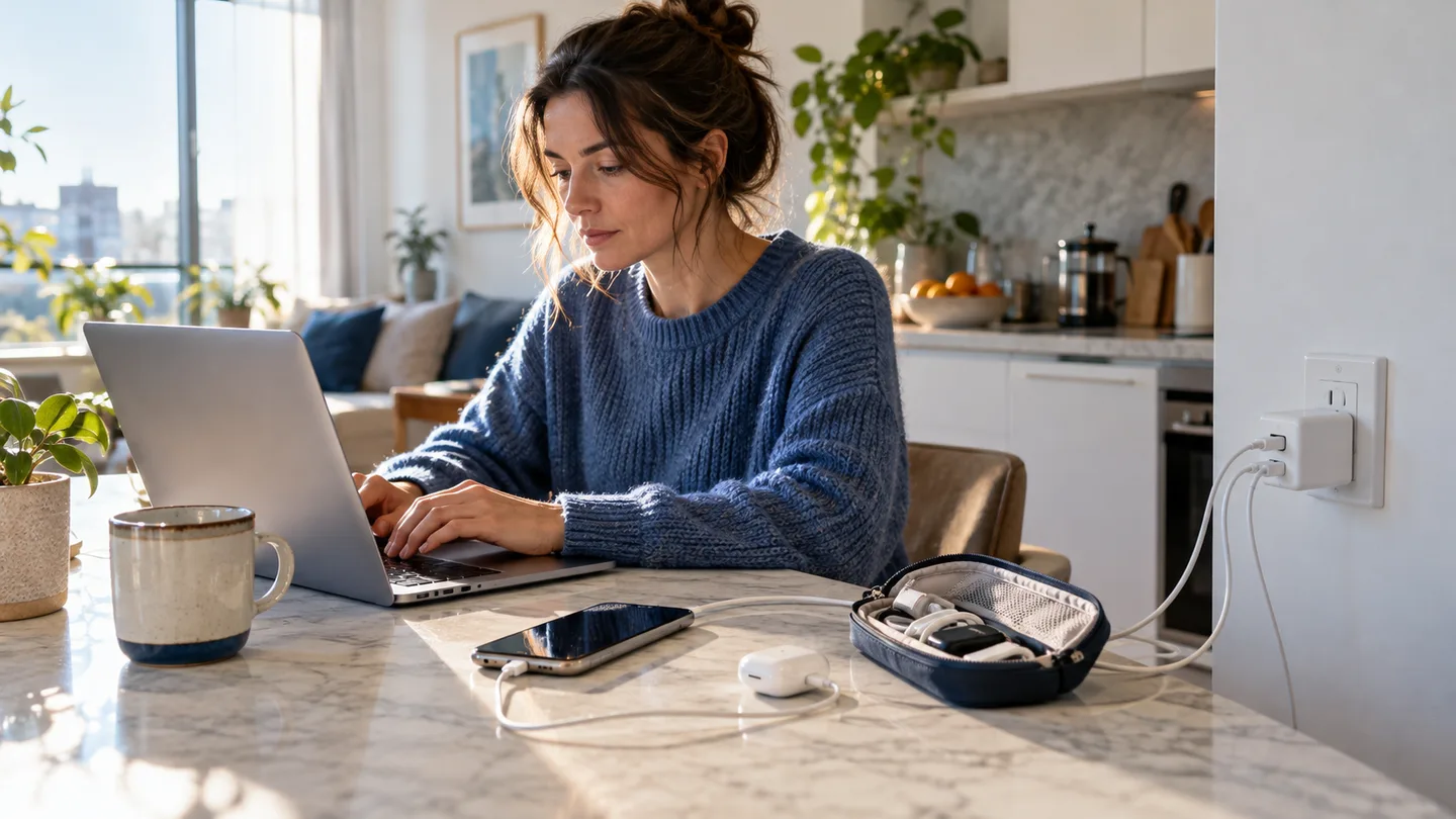 Remote worker charging a laptop, phone, and earbuds at a bright kitchen table