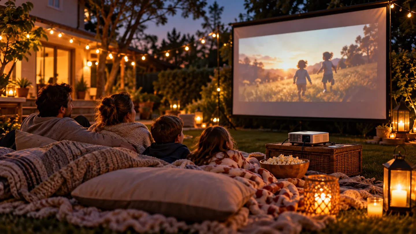 Family watching a movie on a portable projector screen in a backyard at dusk