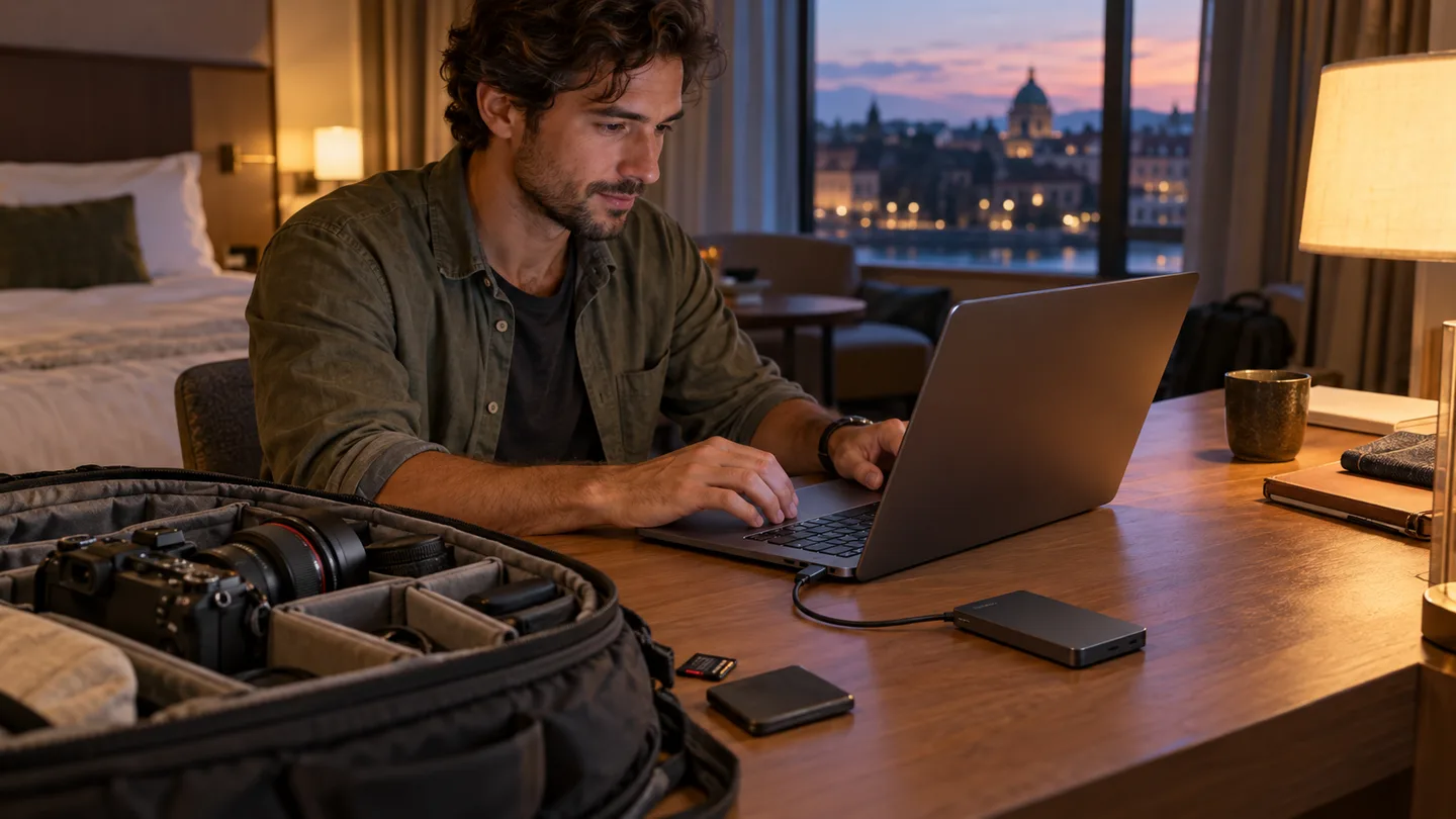 Traveler backing up photos from a laptop to a portable solid-state drive in a hotel room