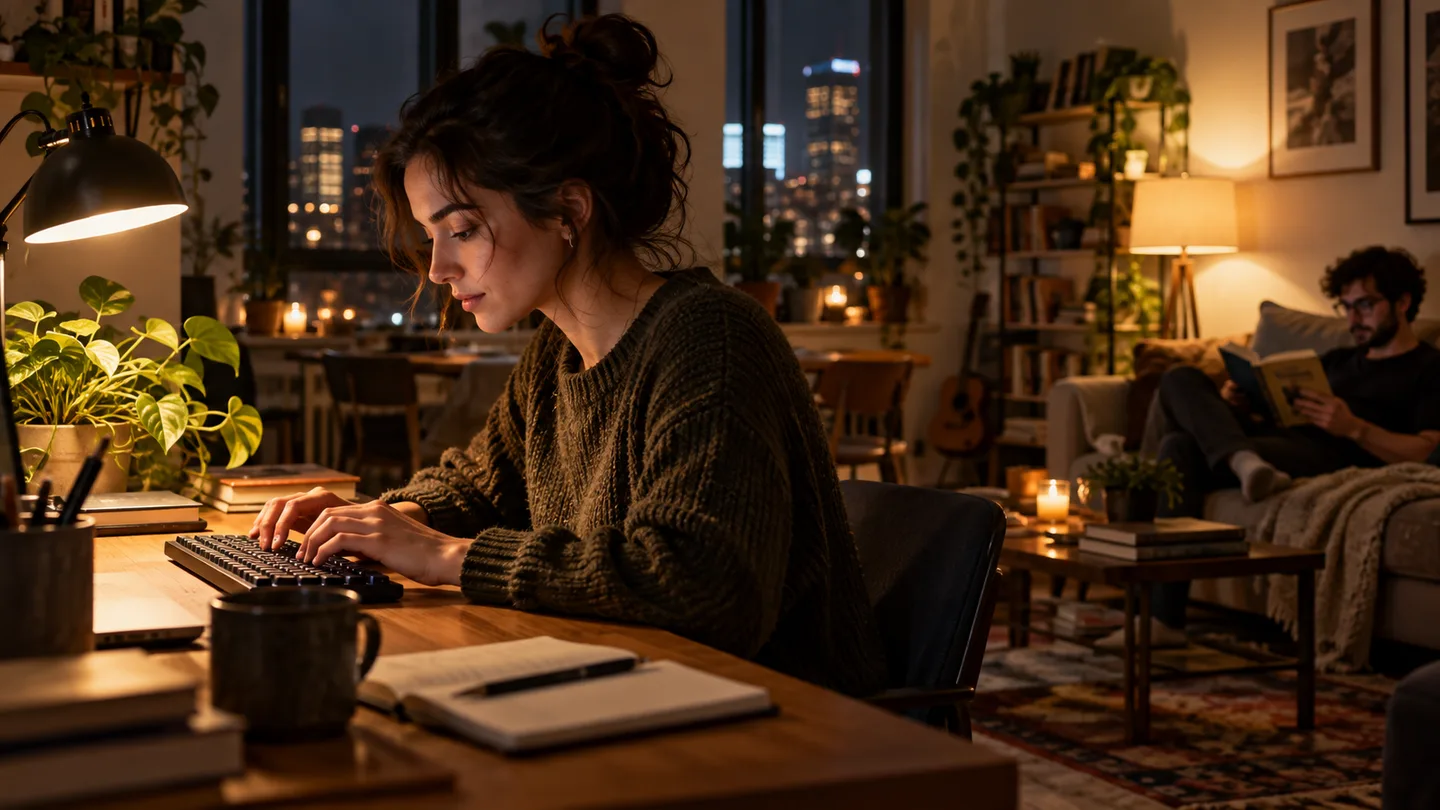 Writer using a quiet mechanical keyboard at night in a shared apartment workspace