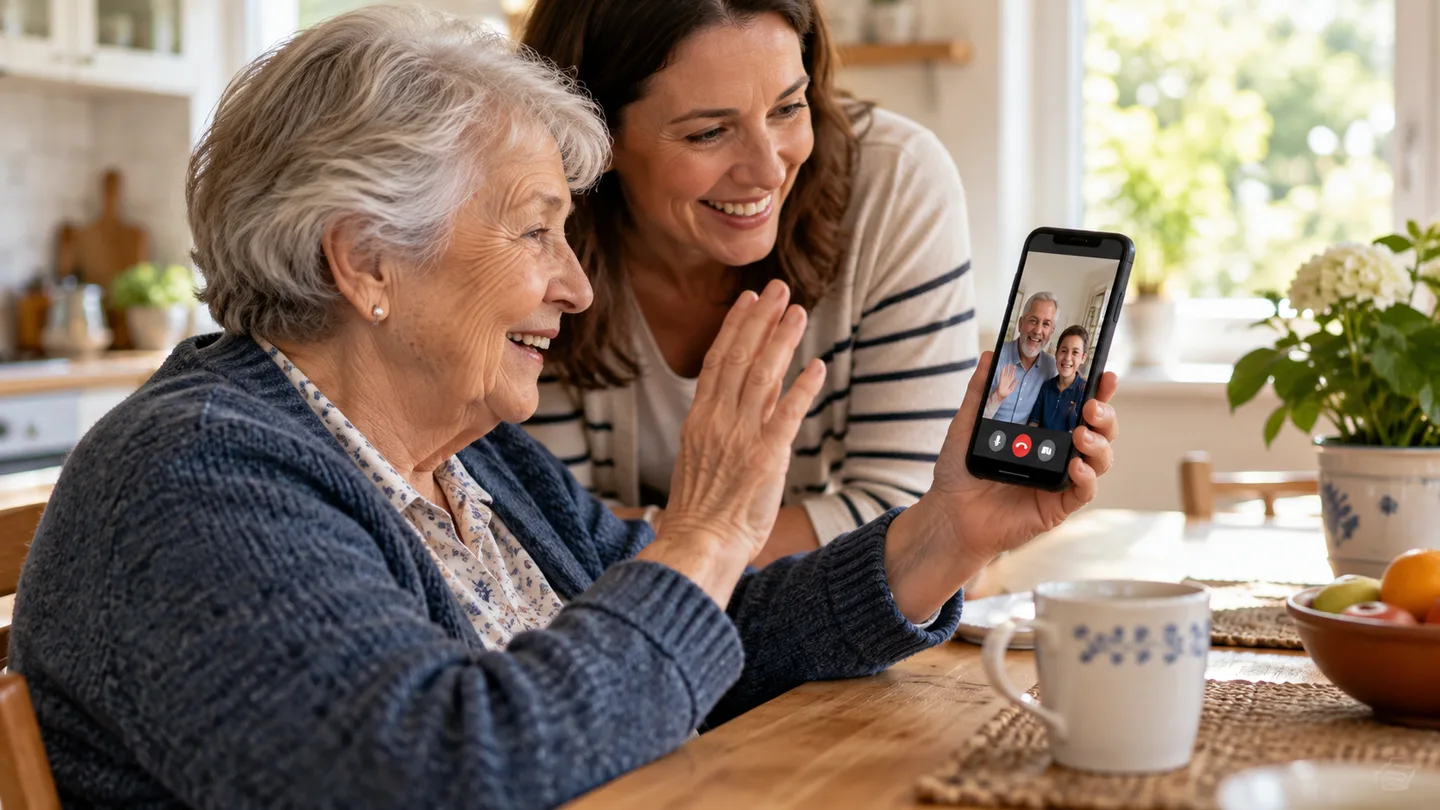 Older adult making a video call on a simple smartphone with help from an adult child