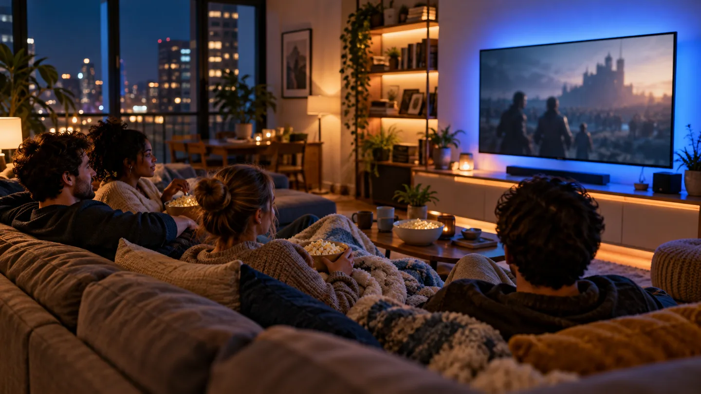Roommates enjoying a movie night with soft smart lighting in an apartment