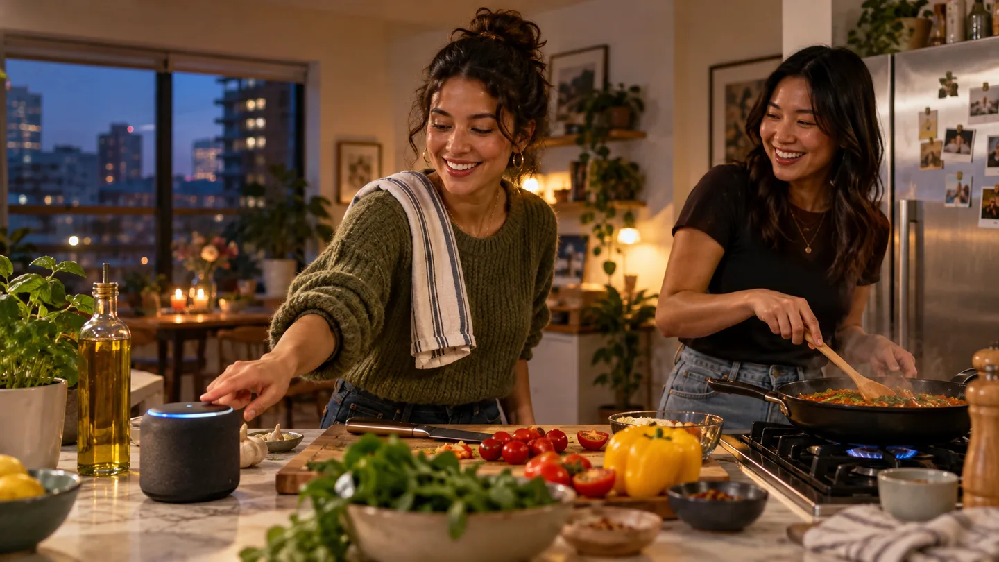 Friends cooking dinner beside a smart speaker on an apartment kitchen counter