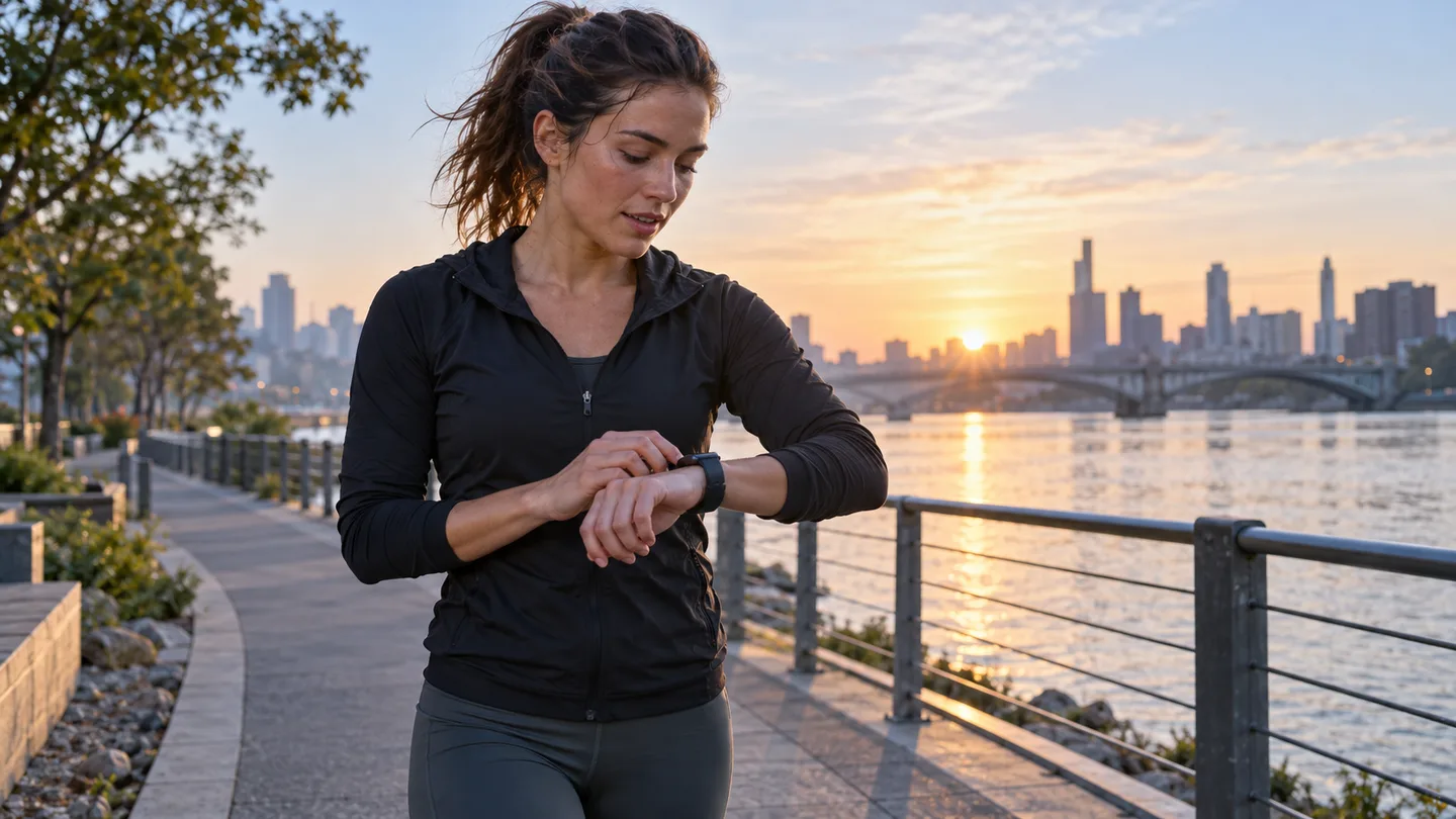 Recreational runner checking a smartwatch beside a riverside path at sunrise