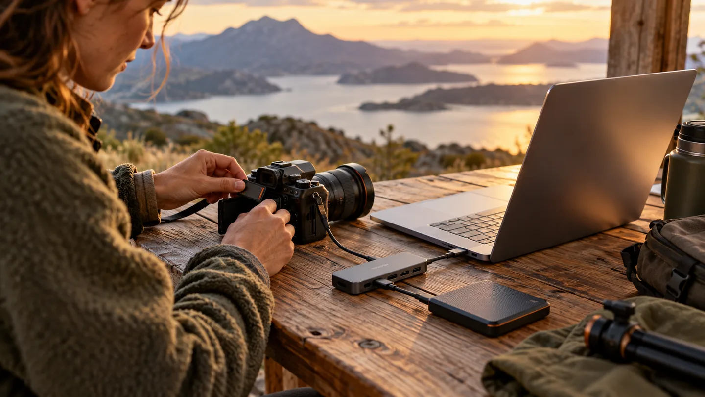 Travel photographer connecting a camera card, laptop, drive, and USB-C hub at a wooden table